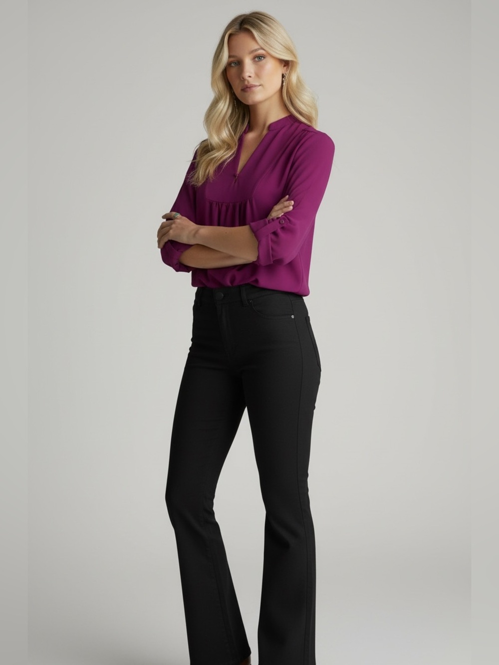 Brixon Ivy Plum Split-Neck Roll-Sleeve Blouse